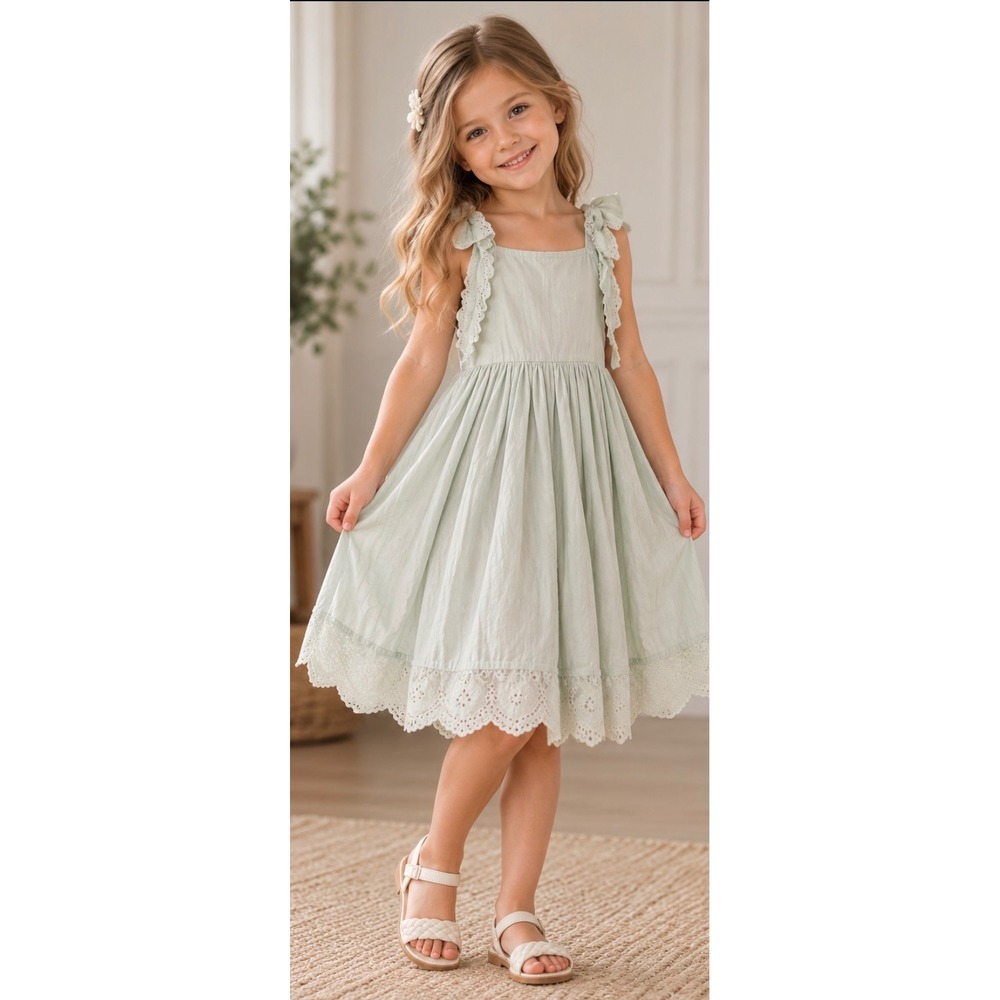 Dollcake Girls Green Sleeveless Lace Trim Ruffle Tiered Fit Flare Dress Size 6